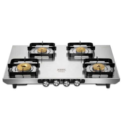 Image of KENT Zenon Gas Stove 4 Burner | Toughened SS Top 2mm | SABAF Italian Gas Valve | Forged Brass Burner | Metallic Knob | Heat Resistance Coating | Cleaning Stand | LPG /PNG Compatible | 5Yr Warranty