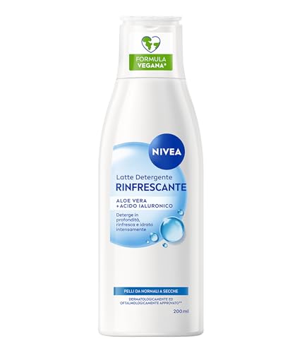 NIVEA Latte Detergente Rinfrescante 200 ml, Detergente viso idratante e lenitivo, Cleanser struccante con Aloe Vera e Acido Ialuronico, Rimuove trucco waterproof, Skincare per pelle da normale a secca