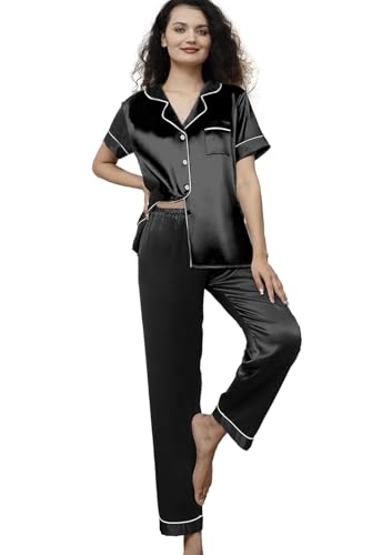 Image of WJing Yi Jia Womens Pajamas Set XS-4XL Floral Silk Satin Pajama Sets Silky Pj Sets 2Pcs Loungewear Sleepwear Button Down Pjs