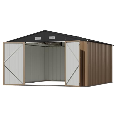 Image of Devoko 10x12 FT Outdoor Storage Shed, Large Metal Storage Sheds with Lockable Door, Utility Garden Tool Shed with Sloping Roof, Outside Steel Storage Sheds for Patio Lawn Backyard, Brown