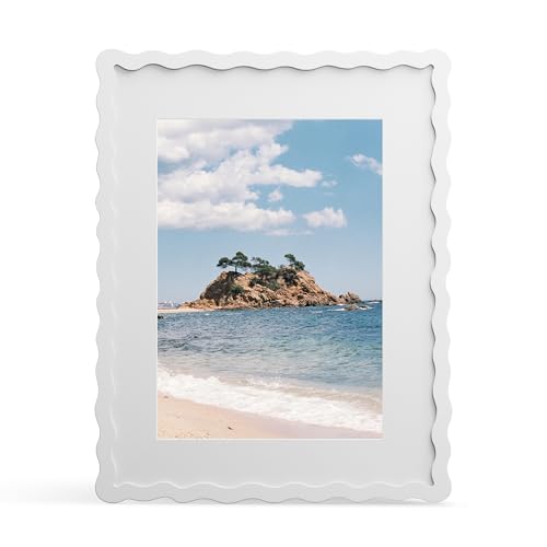 THKRLOF 11x14 Picture Frame with Mat for 8x10 Wavy Edge Wooden Real Glass Photo Frame for Wall Hanging White 1 Pack
