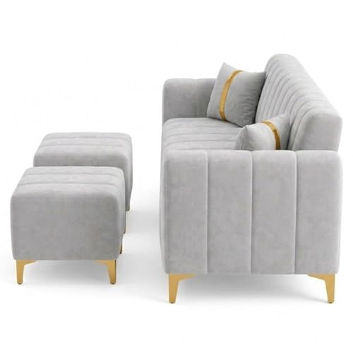 Image of FURNY Harmony 5 Seater L Shape Sofa Set with 2 Movable Ottoman & Golden Legs | Flexible Left or Right Layout | Plush Velvet Fabric (Light Grey) | Perfect for Living Room, Guest Room & Office