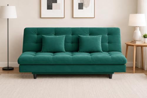 Image of Velvet Fabric Wooden 3-Seater Apsen Sofa Bed with Tufted Couch with Adjustable Backrest- Living Room Furniture-Green-Color