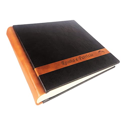 Álbum de fotos artesanal - Marte - de piel sintética, con inserción de cuero auténtico, personalizable con grabado. Ideal para cualquier evento (marrón oscuro/piel miel)