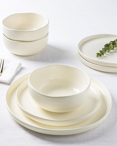 Image of TheTerra Ceramic Dinnerware Sets for 4, 12 Pieces Porcelain Lightweight Plates and Bowls Sets, Scratch Resistant Dish Set, Oven & Microwave & Dishwasher Safe, Ivory Speckled
