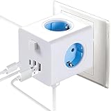 7 in 1 Steckdosenleiste mit USB, Steckdose mit Schalter, Tragbar Steckdosenverteiler Fach, Steckdosenleiste Ohne Kabel, für Büro, Hause, Reisen