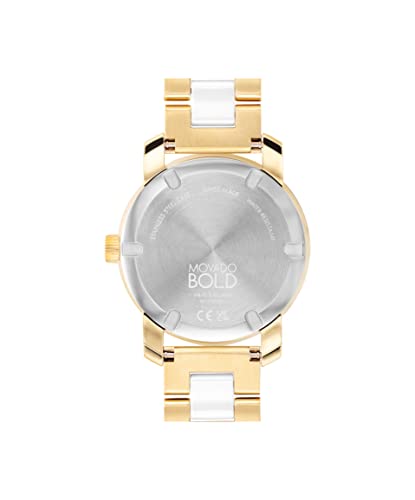 Movado Women's Bold Iconic Pale Gold Ionic Plated Stainless Steel Case, Pale Gold Ionic Plated Stainless Steel and White Ceramic Link Bracelet, Two Tone, (Model: 3600892)3