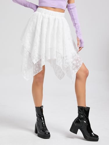 OYOANGLE Women's Lace Layered Ruffle Skirt Elastic High Waist Party Flared Short Skirts3