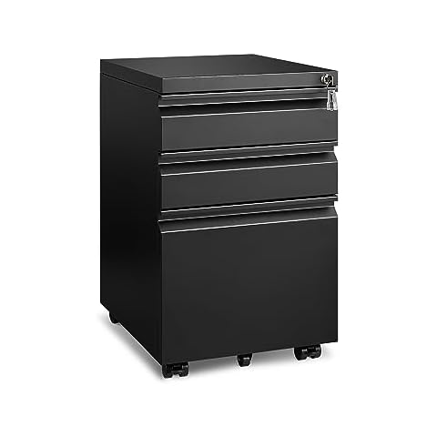 Approgreent 3 Drawer File Cabinet for Home Office, Under Desk Mobile Filing Cabinet with Lock for A4-Size/Letter-Size/Legal-Size, Fully Assembled Except Casters, Black Cover