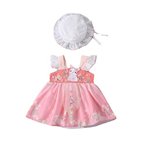 Image of Newborn Baby Girl Summer Embroidery Romper Fly Sleeve Hanfu Dress with Baby Cap Classical Bodysuit Outfit Set