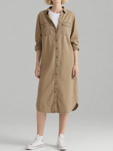 utcoco Women's Denim Shirt Dress Casual Loose Long Sleeve Button Down Midi Jean Dresses with Pockets2