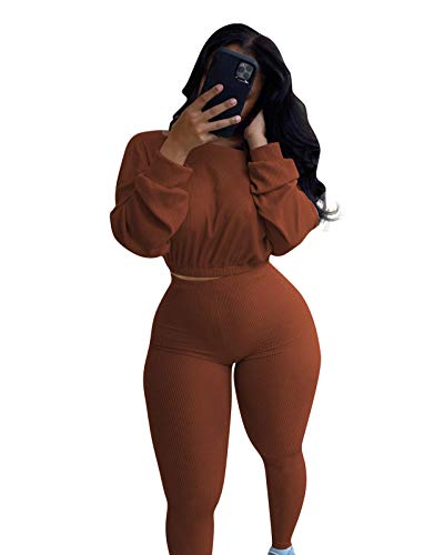 Womens 2 Piece Outfit Ribbed Long Sleeve Pullover Crop Tops Bodycon Long Pants Set Fall Sweatsuits Tracksuit Loungewear Sets Coffee