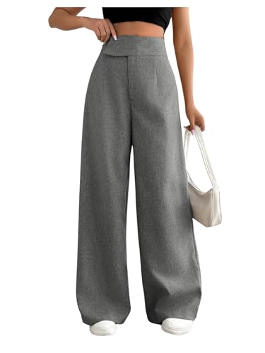 MakeMeChic Women's Pleated Wide Leg Pants Asymmetrical Waist Tummy Control Trousers