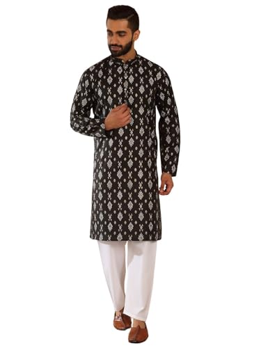 Image of KRAFT INDIA Men's Cotton Blend Geometric Printed Straight Long Regular Kurta and Elastic Waistband Pyjama Set