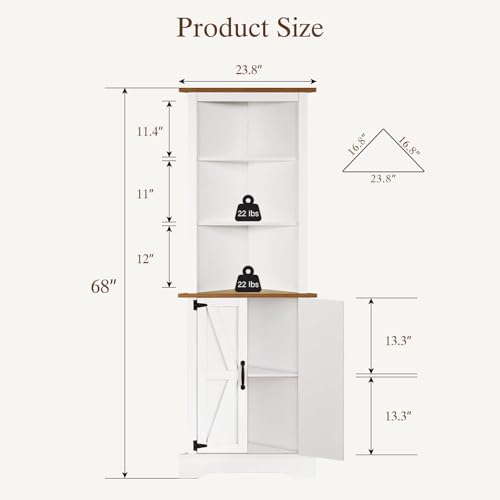 4 EVER WINNER Tall Corner Cabinet with Barn Door and Adjustable Shelves, 5-Tier Corner Shelves for Small Space, Living Room, Hallway, Bathroom, White