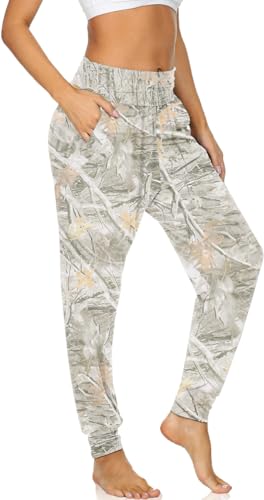 UEU Women's High Waist Yoga Joggers Plus Size Pants Loose Casual Workout Fashion Printed Lounge Sweatpants with Pockets(Maple Leaf Apricot, XXL)
