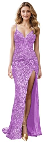 Sequin Mermaid Prom Dresses for Women Long Spaghetti Strap Sparkly Formal Gown with Slit