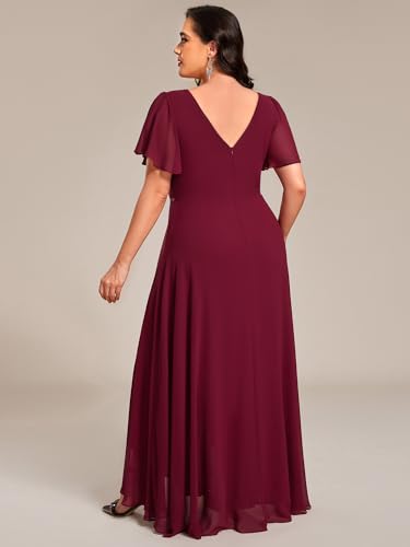 Image of Ever-Pretty Plus Women's Chiffon V-Neck Beading Ruffles Sleeves Maxi High Low Plus Size Formal Dresses