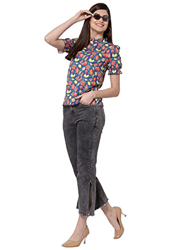Image of Style Quotient Blue Geometric Print Crepe Top