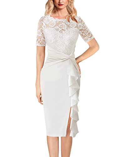 VFSHOW Womens Floral Lace Ruffle Peplum Bow Split Short Sleeve Cocktail Party Bodycon Pencil Dress