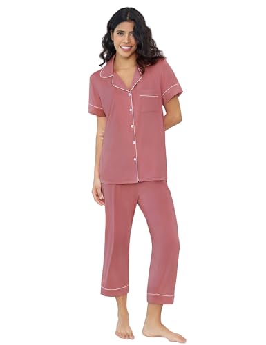 Image of Joyaria Bamboo Viscose Cooling Pajamas for Women Capri Button Front Pjs Set | Ideal for Night Sweats, Hot Sleeper Friendly, Breathable & Moisture Wicking, Short Sleeve Top