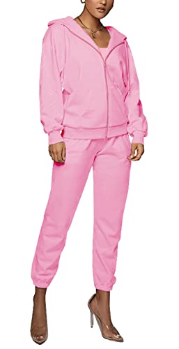 Dgebou Casual 3 Piece Workout Set Outfits For Women, Long Sleeve Zipper Hoodies Loose Jacket With Crop Tank Vest And Jogger Pants Athletic Clothing Set Tracksuit Sweatsuits (Large, Pink) #TOP1