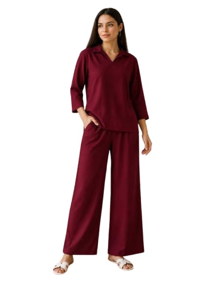 Women's Kitkat Polyester Cruss Co-Ord Set | Solid V-Neck Collar Top with Wide Leg Palazzo Pants | Casual Lounge Wear Two Piece Outfit for Women (Maroon,XXL)-image-11