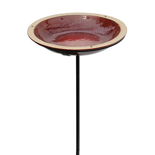 Byer Of Maine Radial Post Bird Bath, Outdoor Garden And Patio Decor, Porcelain, Glaze Finish, Steel Mounting Post, Outside Bird Pond Fountain, 14"X14"X30", Autumn Red #TOP12