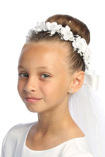 Swea Pea & Lilli Girls First Communion Veil - White Holy 1st Communion Headpiece with Comb and Flowers