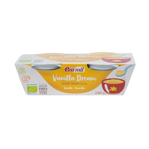 Ecomil - Postre Vainilla Dream Bio 2 x 125 g, Postre Vegetal, con Leche de Almendra Ecológica, Aroma Natural, Sin Gluten, Sin Lactosa, Vegano, Bajo en Azúcares, Merienda Saludable