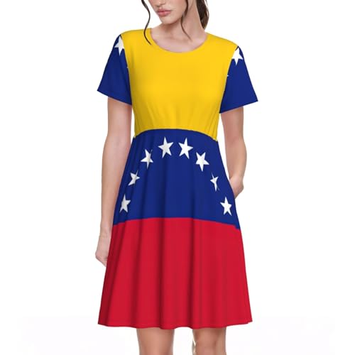 Robe d'été femme motif Venezuela fluide à col rond et manches courtes