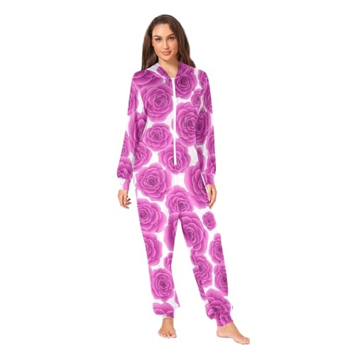 Grenouillère polaire adulte à capuche motifs roses violettes et zip avant