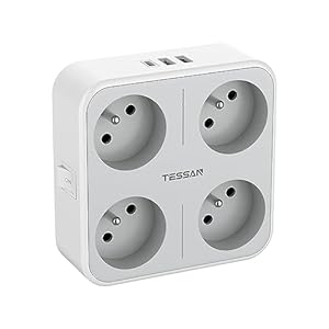 tessan prise multiple usb, multiprise murale 4 prises française avec 1 usb c secteur et 2 usb a, 7 en 1 multiprise usb c avec interrupteur 4000w, multiprise usb secteur pour domicile, bureau, gris