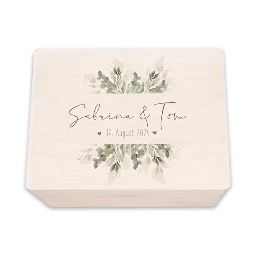 hellomini Personalisierte Erinnerungskiste aus Holz - Geschenk zur Hochzeit | Individuell mit Namen & Datum - Hochzeitsgeschenk/Hochzeitskiste (Blätter S: 30x20x14cm)