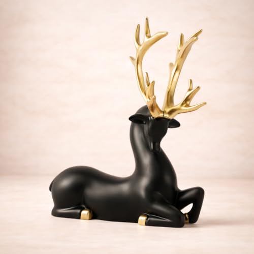 Image of ARMONIA Black Reindeer Figurine with Gold-Toned Antlers Seated Decorative Statue in Lightweight & Durable Design | Luxury Home Decor Accent & Perfect Gifting, Figurine for Home Decor Gift,Housewarming