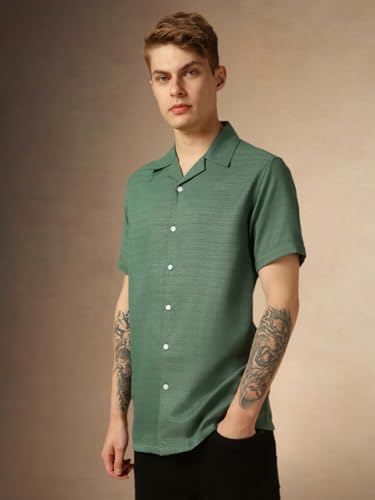Image of Dennis Lingo Men's Half Sleeve Cuban Collar Solid Textured Relaxed Fit Casual Shirt