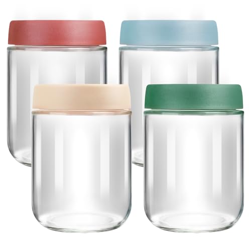 VINATO Lot de 4 Bocaux en Verre Hermétiques 480ml avec Couvercles, Bocal en Verre avec Couvercle, Pots Yaourts avec Couvercle, Overnight Oats Jar, Récipients...