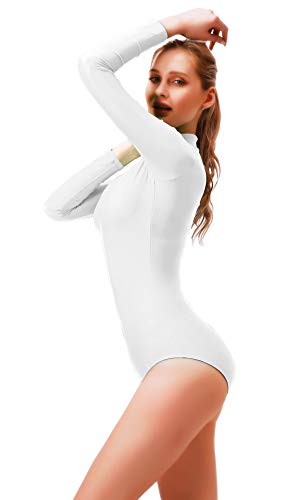 Mvefward Women's Turtleneck Long Sleeve Leotard Basic Solid Color Jumpsuit Bodysuit White M