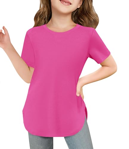 Image of Haloumoning Girls Summer Short Sleeve Shirt Kids Crewneck Curve Hem Soft Tunic Tops T-Shirts 5-14 Years