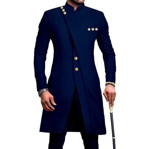 OAQAO African Clothes for Men Dashiki Slim Fit Jacket and Trousers Set Formal Attire for Wedding XX-Large Dark Blue by OAQAO - Used condition - US$75.91