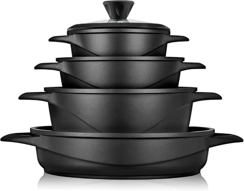 briebe Batería Cocina Inducción 8 Piezas, Juego 4 Ollas Aluminio Fundido, Antiadherente ILAG GRANITEC sin PFOA, Set Cazuelas Tapas Cristal, Guantes Silicona, Vitrocerámica, Gas, Horno, MGK 17S