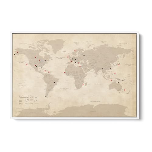 Image of Vintage Canvas Travel Pin Map of the World - Antique Style World Map with Pins - Personalized Framed Wall Art - White Float Frame - 30 inch x 45 inch