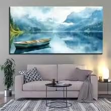 MAIMANG 1-teiliges Leinwandbild – Ruhige See-, Berg- und Himmelslandschaft mit Boot, Modernes Gemälde (80 x 150 cm/Innenrahmen)