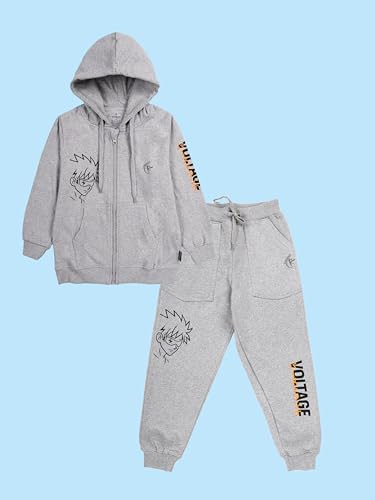 Image of Boys Solid Fleece Full Sleeve Zip Front Open Hooded Sweatshirt With Track Pant Set