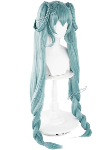 Image of Half and Half Long Curly Green Ponytail Braid Anime Wig with Bangs 37.5'' Light Teal Twin Tail Pigtails Wigs Virtual Singer Costume Wigs for Women Halloween Party Daily