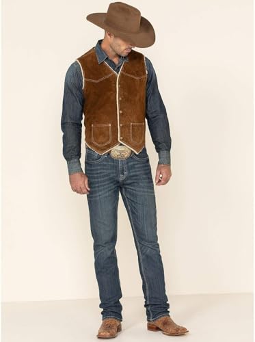 Mens Old Western Style Cowboy Suede Leather Sherpha Vest : Western Yokes Leather Vest4