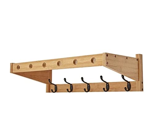 Perchero de madera montado en la pared con clavijas de metal y estantes flotantes, entrada con 5 ganchos para sombreros y abrigos, solución de almacenamiento decorativa para dormitorio y pasillo