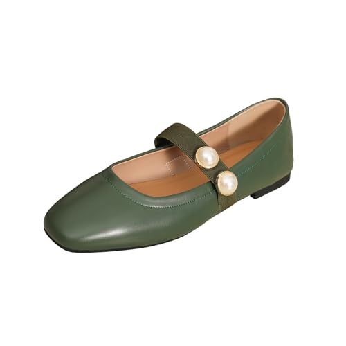 qibusleen Zapatos planos para mujer Slip On Mary Jane Flats Punta cuadrada de cuero Shallow Mouth Ballet Zapatos planos para mujeres correa de perlas retro suaves caminando, verde, 38.5 EU