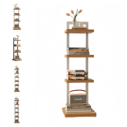 SJGEIDM本棚 スリム ブックタワー 大容量 収納棚 隙間収納 収納ラック 収納棚 オープンラック シェルフ 木製棚板 スチールフレーム 省スペース 組立簡単 オフィス キッチン収納 書棚 インテリア (柚木+白い枠,四層)