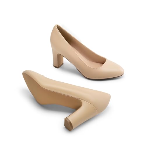 DREAM PAIRS DREAM PAIRS Women's Block Heels Closed Toe High Chunky Rounded Toe Pumps Comfortable Slip On Work Shoes,Size 7.5,Nude,DWUMPU2515